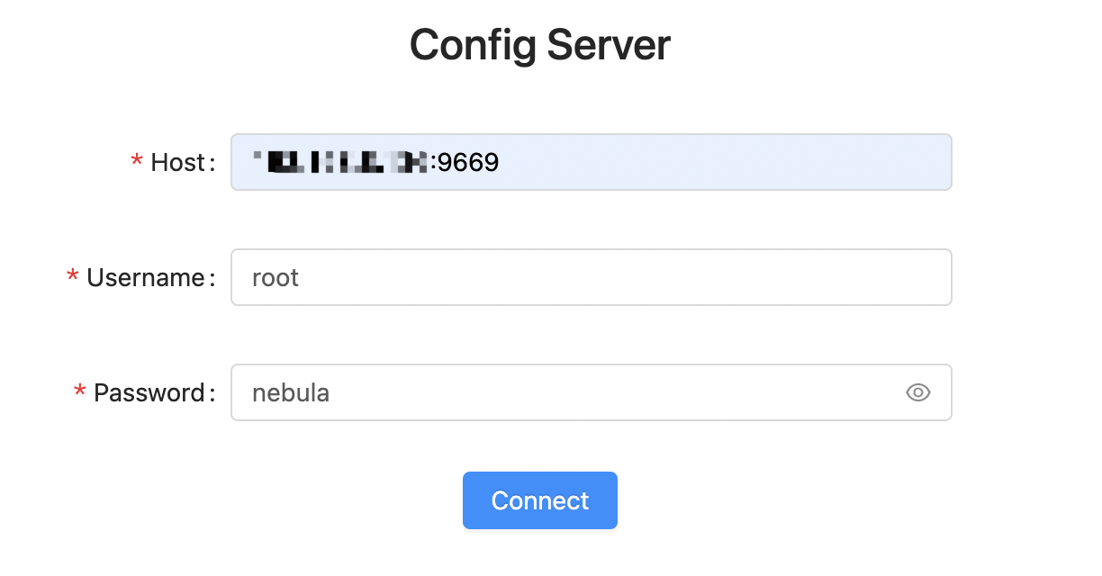The Config Server page shows the fields to be configured for connection